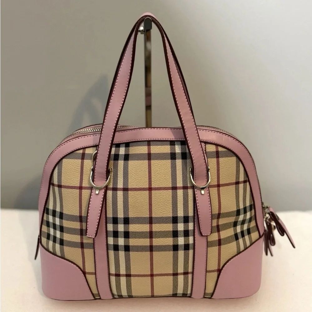 Plaid Dome Satchel Shoulder Bag Coated Canvas Pink Faux Leather Trim